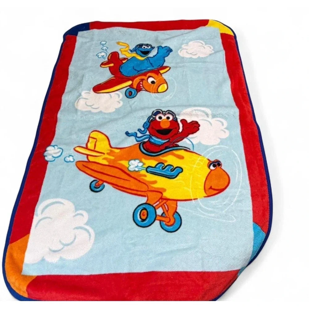 2009 Sesame Street Elmo Cookie Monster Airplane Baby Blanket 30x45 Plush